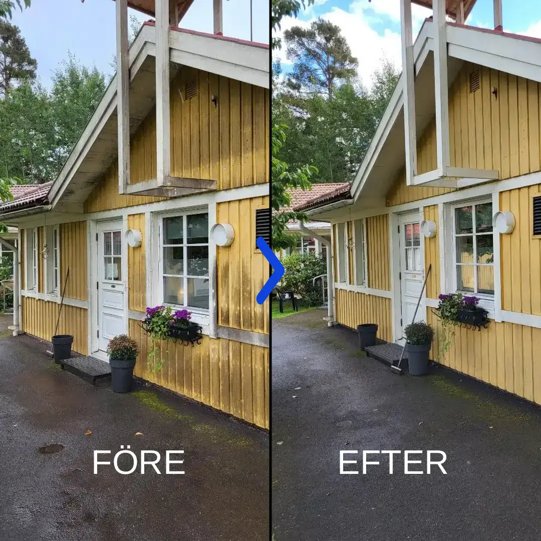 Fasadtvätt utförs med ultrarent vatten på villa